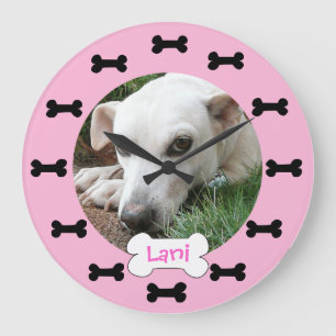 Custom Photo Pink and Black Dog Bones Personalized Large Clock