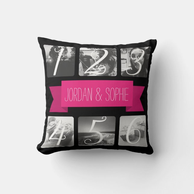 Custom Photo Pink Banner Text Throw Pillow (Front)