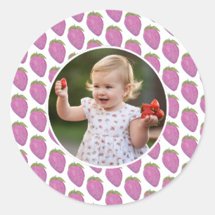 Custom photo pink Berry First Birthday party Classic Round Sticker
