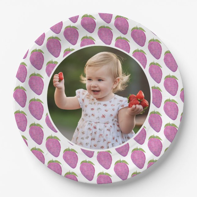 Custom photo pink Berry First Birthday party Paper Plate (Front)