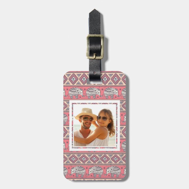 Custom Photo Pink Ethnic Elephant Pattern Luggage Tag (Front Vertical)
