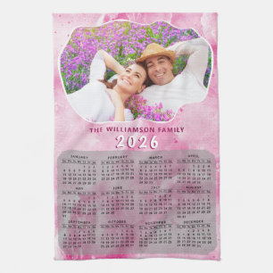 Custom Photo Pink Family Name 2026 Calendar Kitchen Towel