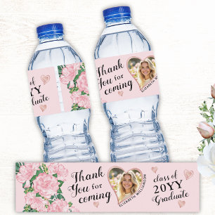 Custom Photo Pink Floral 2025 Graduation Thank You Water Bottle Label