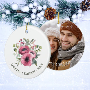 Custom Photo Pink Floral Christmas Ceramic Ornament