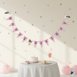 Custom Photo Pink Girl's Happy Birthday Party Bunting Flags