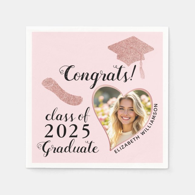 Custom Photo Pink Girly Class 2025 Graduation Napkin (Front)