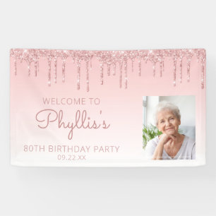 Custom Photo Pink Glitter Drip 80th Birthday Party Banner
