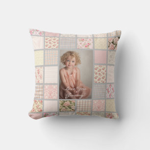 Custom Photo Pink & Grey Patchwork  Throw Pillow