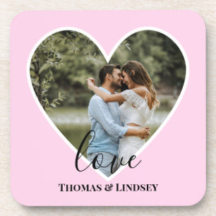 Custom Photo Pink Heart Frame Modern Calligraphy Coaster