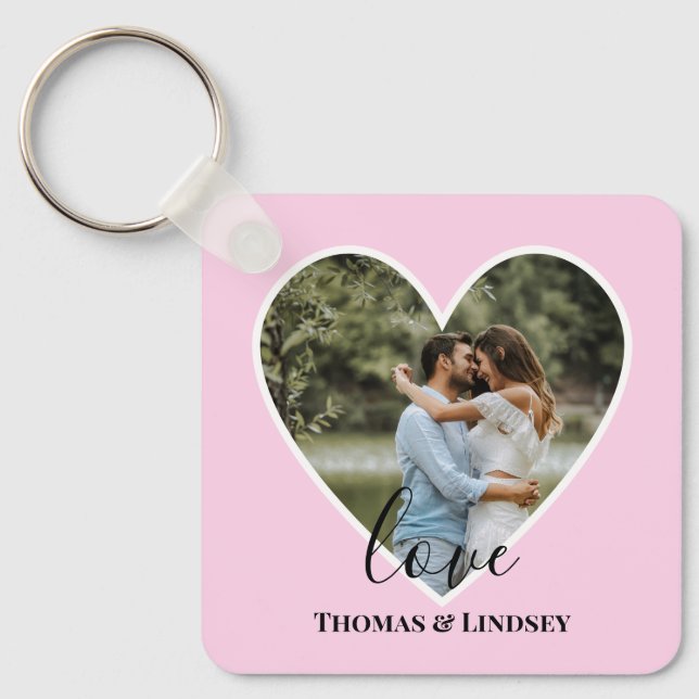 Custom Photo Pink Heart Frame Modern Calligraphy Keychain (Front)