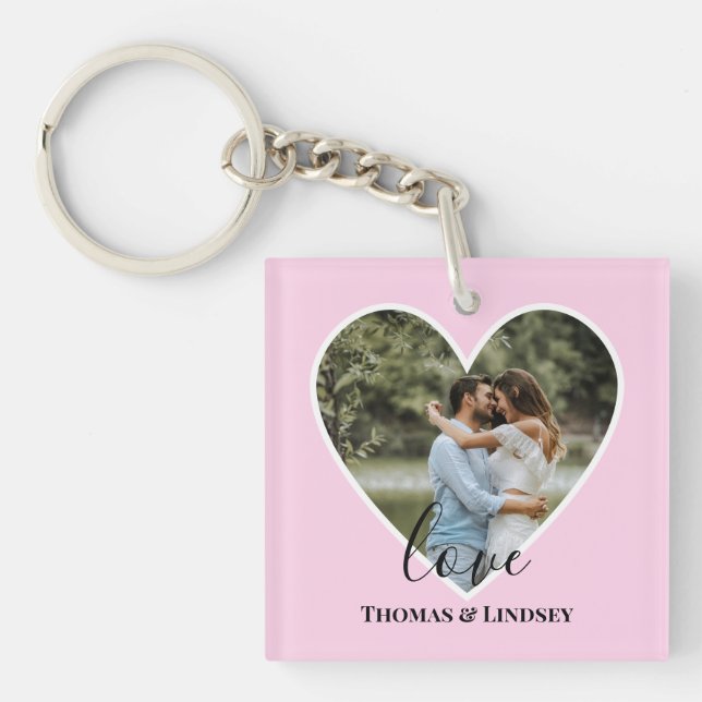 Custom Photo Pink Heart Frame Modern Calligraphy Keychain (Front)