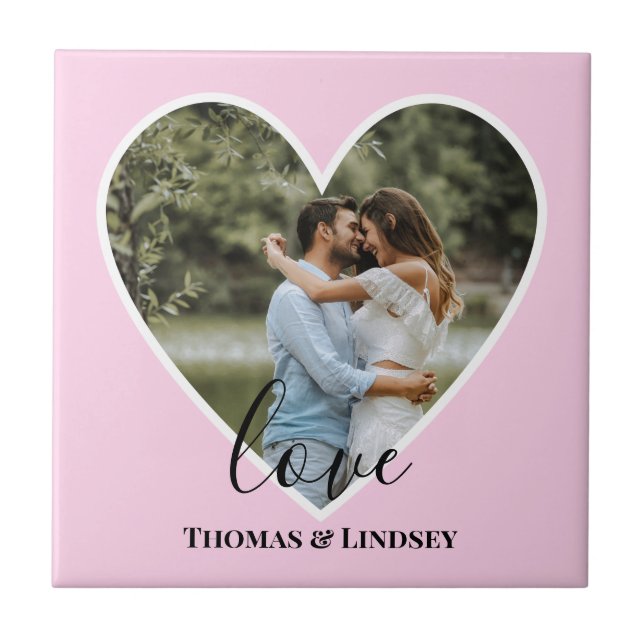 Custom Photo Pink Heart Frame Modern Calligraphy Tile (Front)