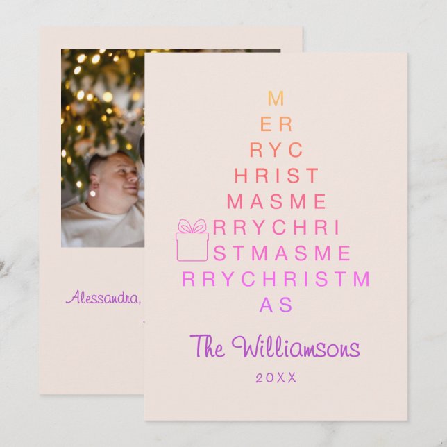Custom Photo Pink Merry Christmas Typography Tree Holiday Card (Front/Back)