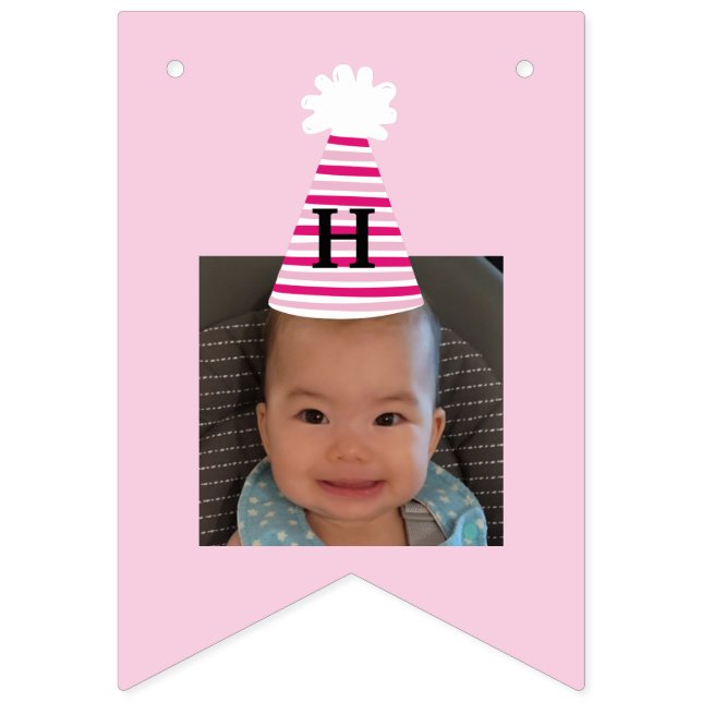 Custom Photo Pink Party Hat Girls Birthday Bunting Flags (Second Flag)
