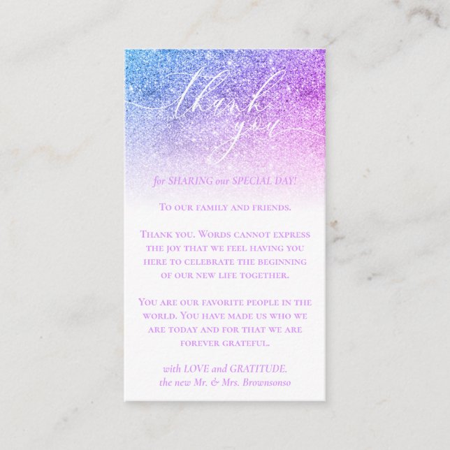 Custom Photo Pink Purple Glitz Thank You Enclosure Card (Front)