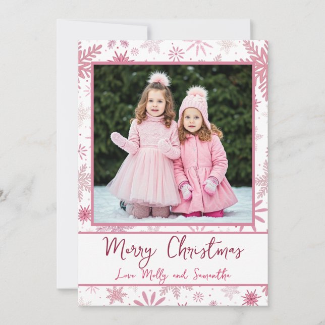 Custom Photo Pink Snowflakes Christmas Greeting  Holiday Card (Front)