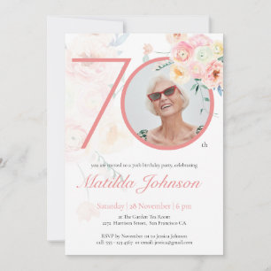 Custom Photo Pink Watercolor Floral 70th Birthday Invitation