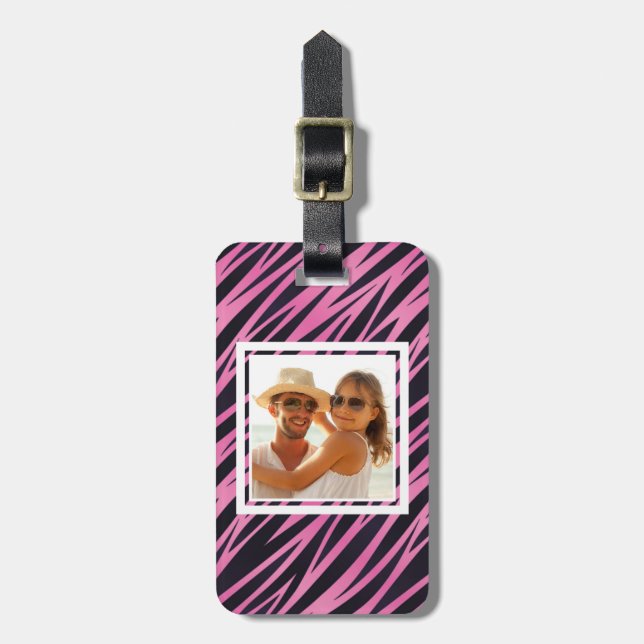 Custom Photo Pink Zebra Stripe Background Luggage Tag (Front Vertical)