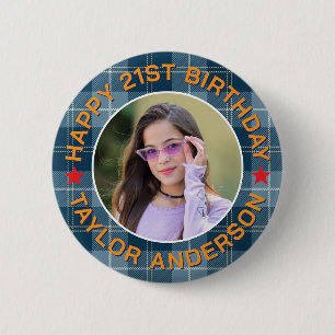 Custom Photo Plaid Pattern Retro Happy Birthday 2 Inch Round Button