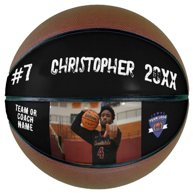 Custom photo player name number team logo black basketball (Front)