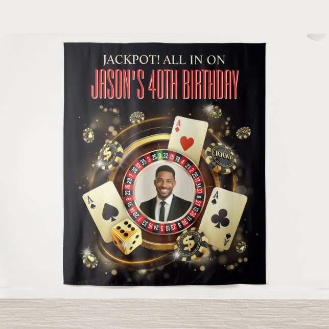 Custom Photo Poker Casino Decor, Casino Birthday Tapestry (Front)