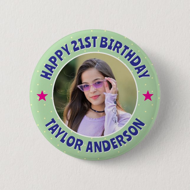Custom Photo Polka Dot Pattern Happy Birthday 2 Inch Round Button (Front)