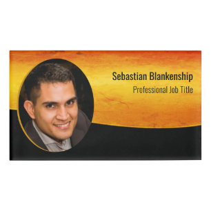 Custom Photo Professional Black Textured Orange Name Tag