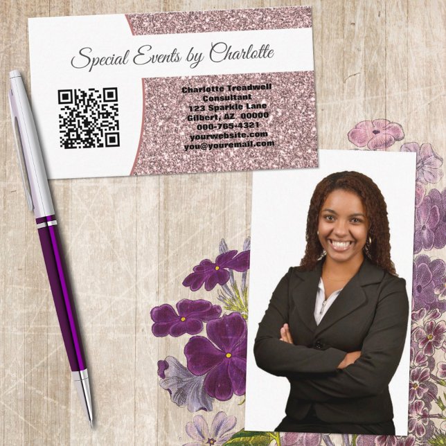 Custom Photo Professional Pink Glitter QR Code Business Card (Share your professional photo and business details all on one unique business card design.)