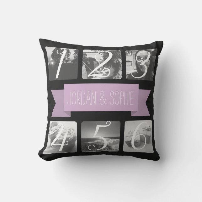 Custom Photo Purple Banner Text Throw Pillow (Front)