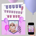 Custom Photo Purple Bunting and Balloons Birthday Card<br><div class="desc">Upload your photo to this big, personalized birthday card. The template is ready for you to add your photo to the front as well as the birthday girl's name and your custom greeting inside. The design features bunting lettered with "Happy Birthday to You" and party balloons in shades of purple...</div>