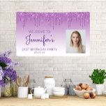 Custom Photo Purple Glitter Drip 21st Birthday Banner<br><div class="desc">Welcome guests with this chic, glamourous 21st birthday party photo banner, featuring a sparkly purple faux glitter drip border and purple ombre background. Easily replace the sample image with a photo of the guest of honour. Personalize it with her name in purple handwriting script, with the birthday and date below...</div>