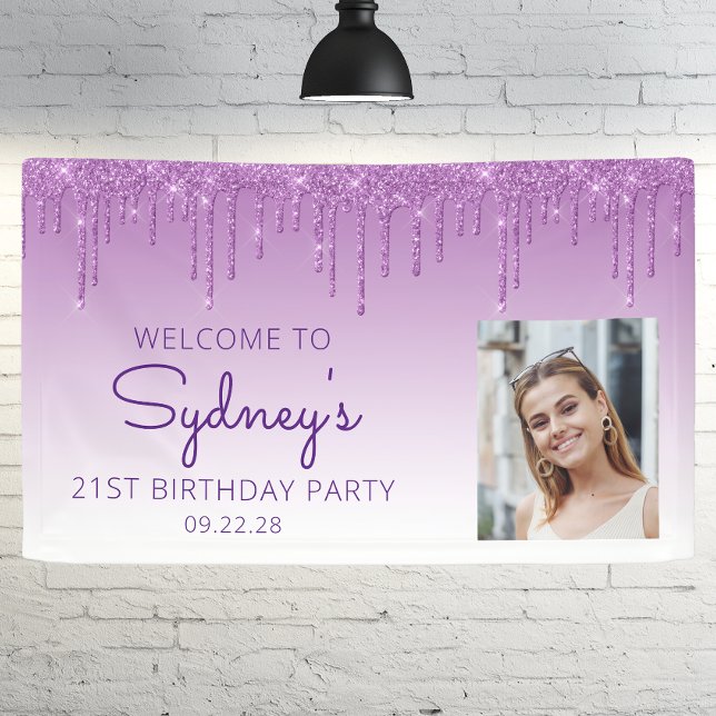 Custom Photo Purple Glitter Drip 21st Birthday Banner (Creator Uploaded)
