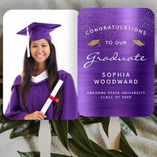 Custom Photo Purple Metallic White Gold Graduation Hand Fan