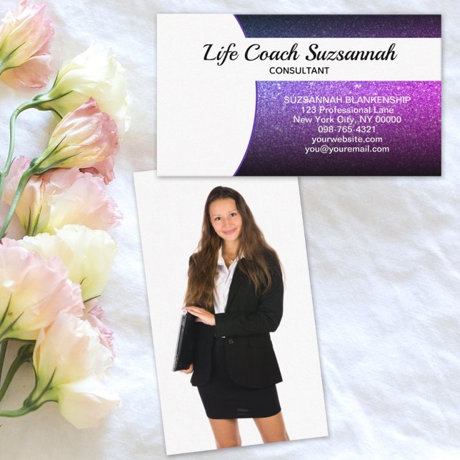 Custom Photo Purple Ombre Glitter Professional Business Card (Share your photo on the back of your business card.)