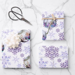 Custom Photo Purple Snowflakes Set of 3 Wrapping Paper Sheet