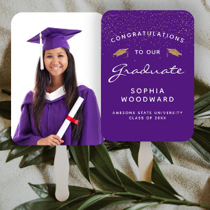 Custom Photo Purple White Gold Graduation Hand Fan