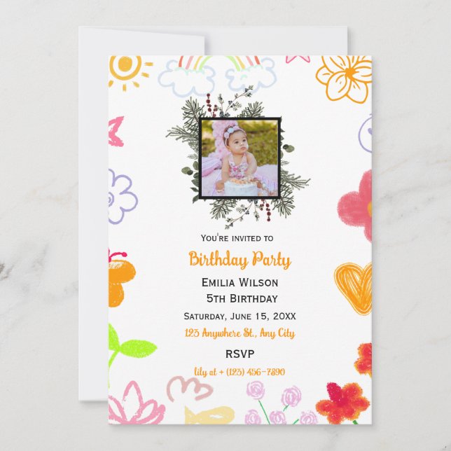 Custom Photo Purple Yellow Birthday Invite (Front)