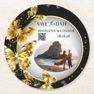 Custom Photo QR Code Butterfly Save the Date Round Paper Coaster