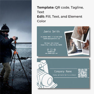 Custom Photo QR code Career Photography Grey Blue  Business Card
