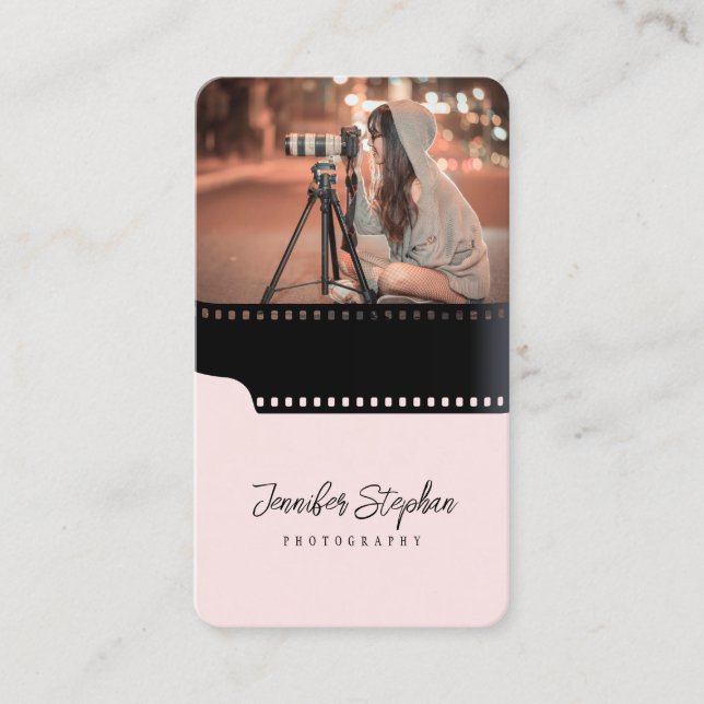 Custom Photo QR Code Film Roll Photographer Pink Business Card (Front)