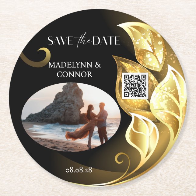 Custom Photo QR Code Golden Leaf Save the Date  Round Paper Coaster (Front)