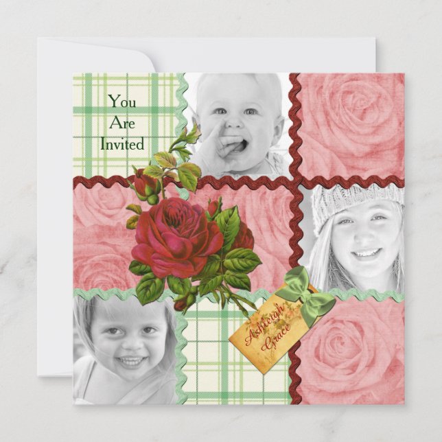 Custom Photo Quilt Block Red Pink Rose Green Plaid Invitation (Front)