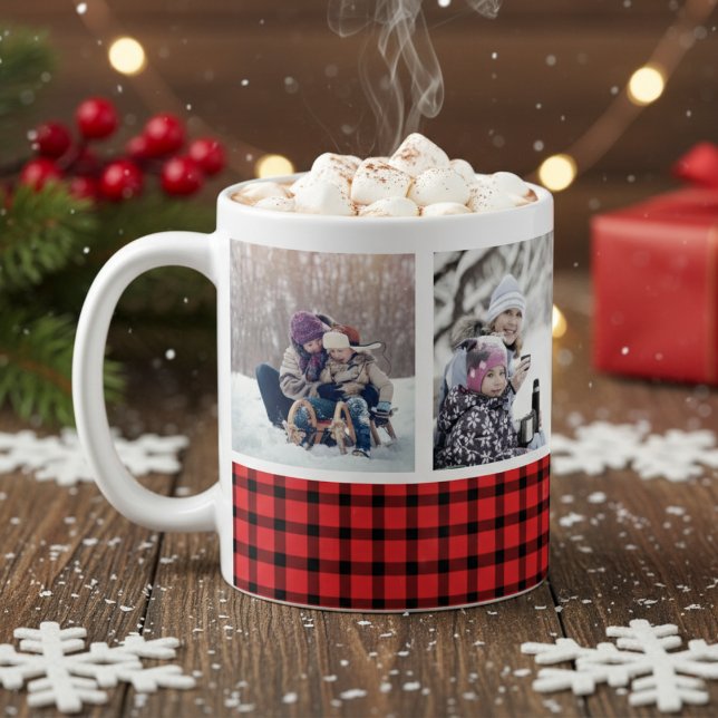 Custom Photo Red and Black Buffalo Plaid Holiday Coffee Mug (Custom Photo Red and Black Buffalo Plaid Holiday Coffee Mug - Just add your own photos!)