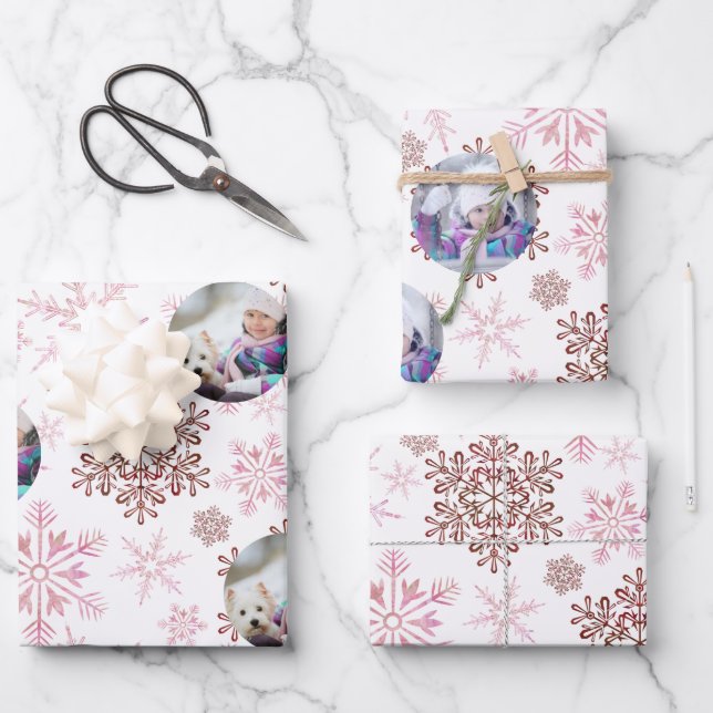 Custom Photo Red and Pink Snowflakes Set of 3 Wrapping Paper Sheet (Front)
