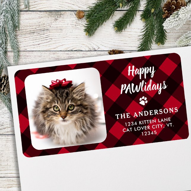 Custom Photo Red Buffalo Plaid Happy PAWlidays Label (Creator Uploaded)