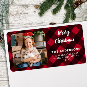 Custom Photo Red Buffalo Plaid Merry Christmas Label