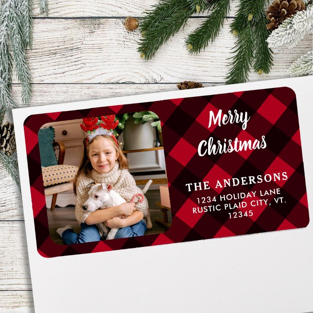 Custom Photo Red Buffalo Plaid Merry Christmas Label (Creator Uploaded)