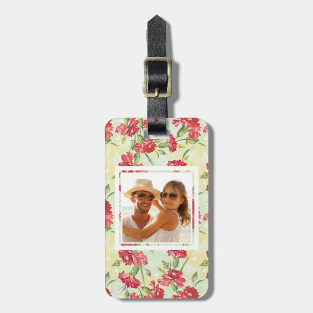 Custom Photo Red Carnations & butterflies Luggage Tag (Front Vertical)