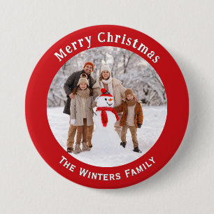 Custom Photo Red Christmas Holiday Keepsake Name 3 Inch Round Button