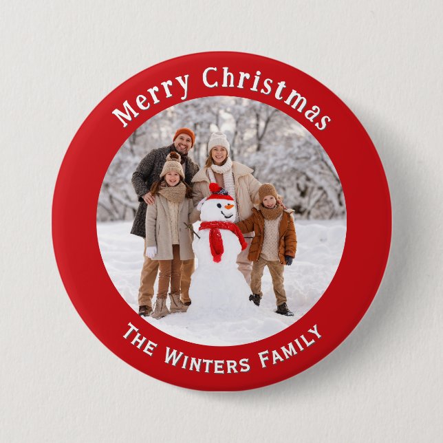 Custom Photo Red Christmas Holiday Keepsake Name 3 Inch Round Button (Front)